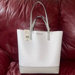 Michael Kors White Tote with Structured Design and Logo Pattern
